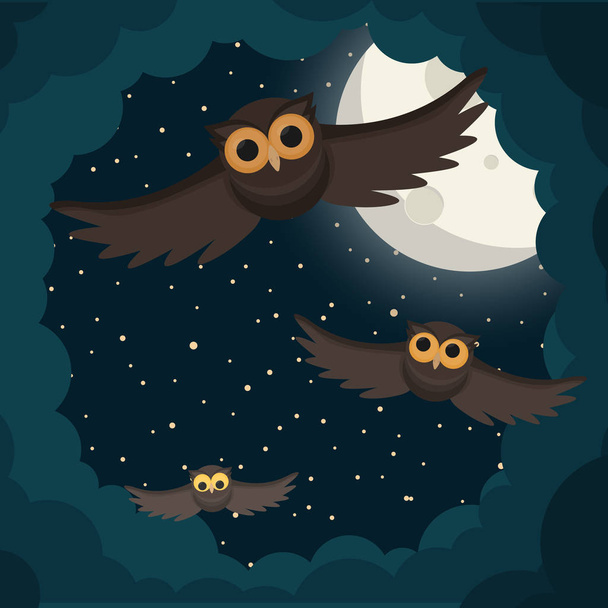 the owls flies in the clouds under moon. Vector illustration - Vettoriali, immagini
