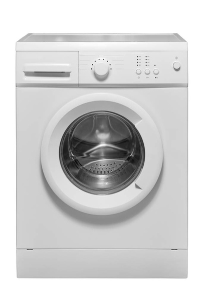 A white modern automatic washing machine with a closed hatch is isolated - Foto, Imagem