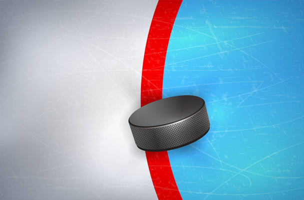 Hockey puck on ice - on red line of goalpost. Vector illustration. - Διάνυσμα, εικόνα