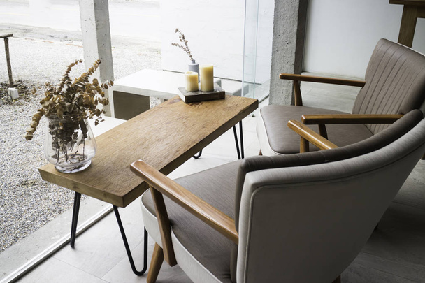 Wooden dining table in coffee shop, tock photo - Fotoğraf, Görsel