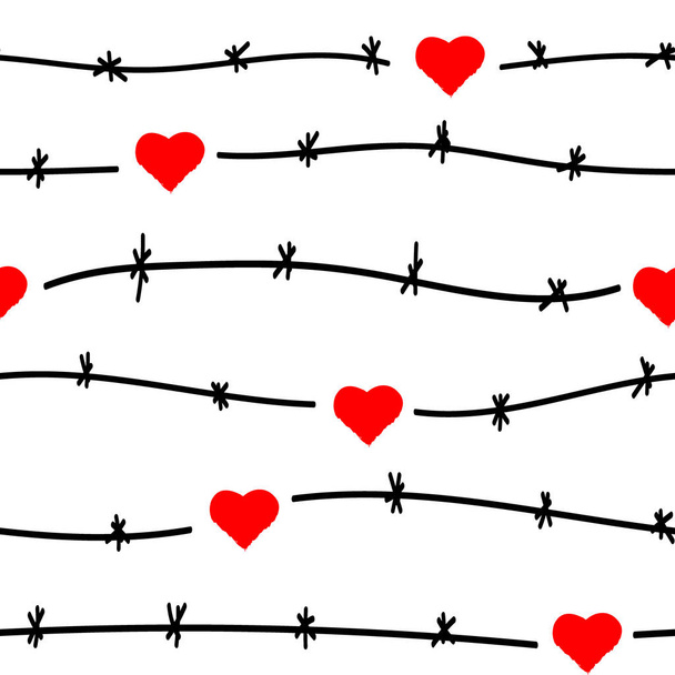 Seamless pattern. Barbed wire. The red heart is locked. - Vector, Image