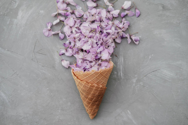 Waffle cone with wisteria flower on gray background. Flat lay, top view floral background - Valokuva, kuva