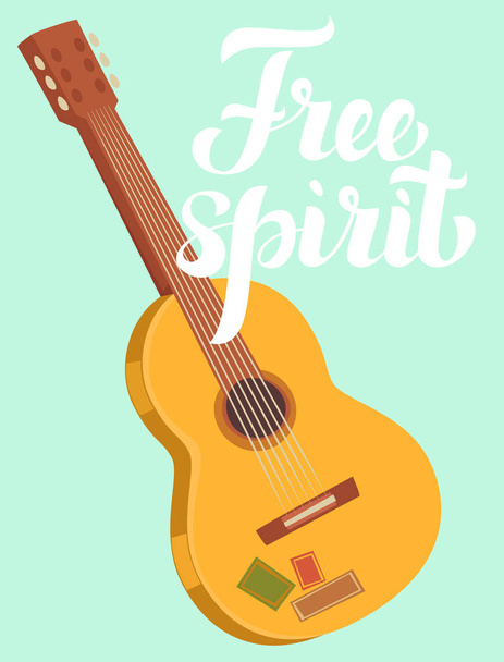 векторная иллюстрация дизайна иконки гитары с текстом свободного духа на зеленом фоне
 - Вектор,изображение
