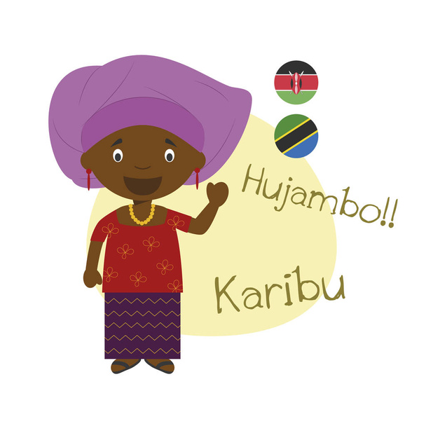 Vector illustration of cartoon character saying hello and welcome in Swahili - Vector, Image