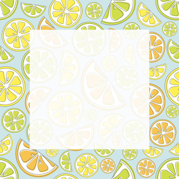 Cute pastel coloured frame with hand drawn citrus fruits. Vector. - Vecteur, image