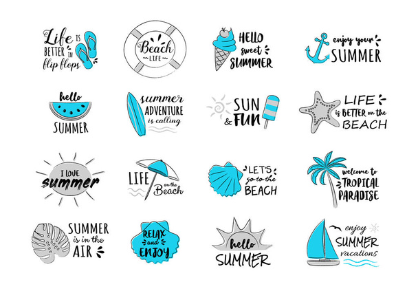 Summer calligraphy with funny icons. Vector. - Vetor, Imagem