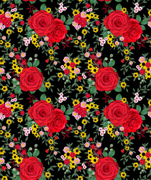 Floral seamless pattern. Red large roses, green leaves, yellow flowers. - Foto, Bild