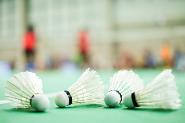 Badmintonový míček na zeleném koberci badmintonový kurt - sportovní pozadí nebo textury. - Fotografie, Obrázek