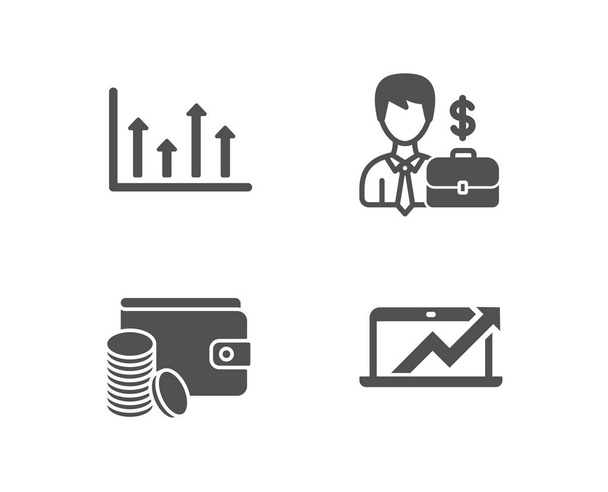Set of Businessman case, Upper arrows and Payment method icons, Sales diagram sign on white background - Vector, imagen