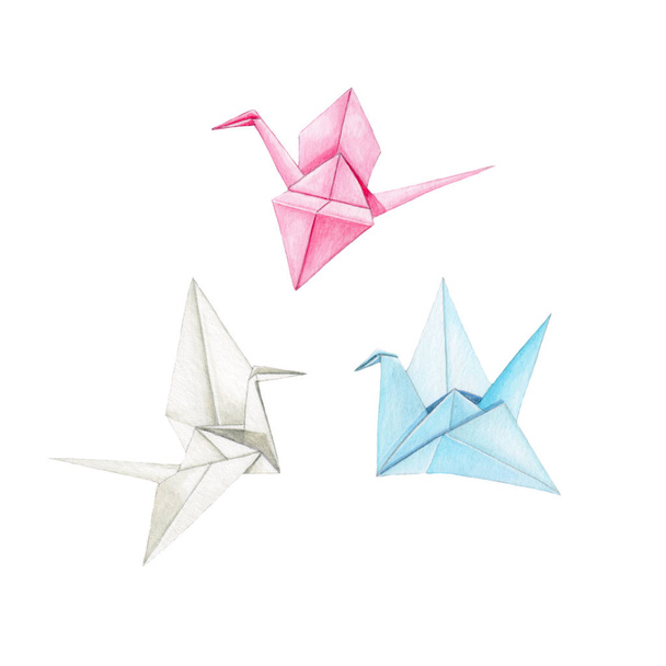 Aquarel Origami kraanvogels op witte achtergrond. Hand getekende illustratie. - Foto, afbeelding