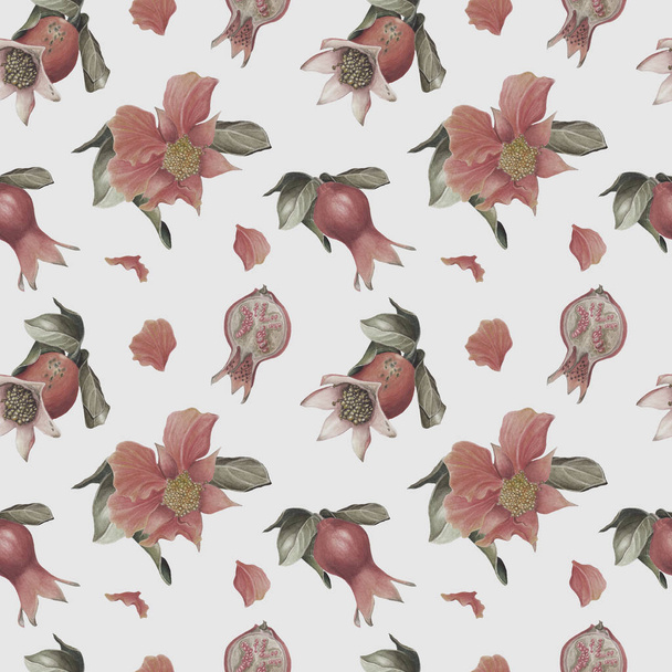 Akvarelu granátového jablka květy a plody bezešvé vzor na bílém pozadí. Světlé barvy - Fotografie, Obrázek