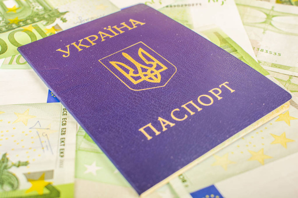 Passaporte ucraniano no contexto de euro-contas com uma denominação de green bills de 100 euros
 - Foto, Imagem