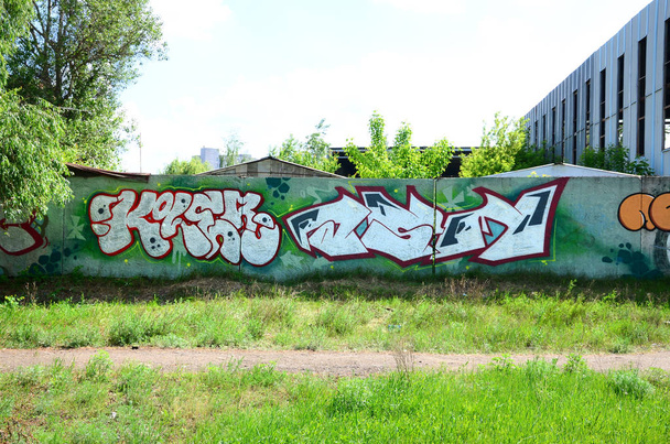 Street art. Abstracte achtergrondafbeelding van een schilderij van de volledig ingevulde graffiti in chrome vulling, groene achtergrond en rode contouren. - Foto, afbeelding
