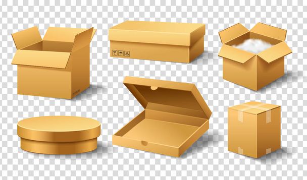 Realistic empty cardboard box Opened. Brown delivery. Carton package with fragile sign on transparent white background. Set of isolated mockup for web. Container for shipping, transportation and mail. - Vector, Image