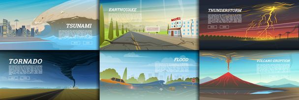 Σύνολο των φυσικών καταστροφών ή κατακλυσμούς. Καταστροφή και κρίση φόντο. Ρεαλιστική ανεμοστρόβιλος ή καταιγίδα, κεραυνού, βροχή καταιγίδα, ηφαίστειο έκρηξη, πλημμύρα και σεισμό, τσουνάμι και μεγάλο κύμα. - Διάνυσμα, εικόνα