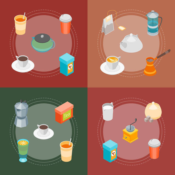 Tea and Coffee Banner Card Set 3d Isometric View. Vector - ベクター画像