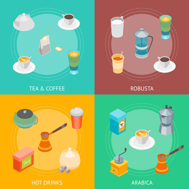 Tea and Coffee Banner Card Set 3d Isometric View. Vector - Vektor, obrázek