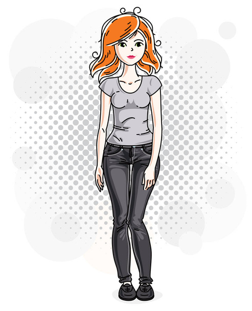 Happy pretty young redhead woman standing on modern background with bubbles and wearing casual clothes. Vector character.  - Vektori, kuva