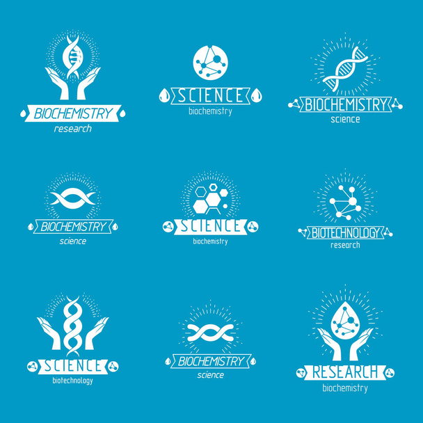 Zestaw modeli wektor cząsteczki i ludzkiego dna. Kolekcja firmowe logotypy utworzone w inżynierii biomedycznej, Genetyka, genetyki molekularnej i biotechnologii koncepcje - Wektor, obraz