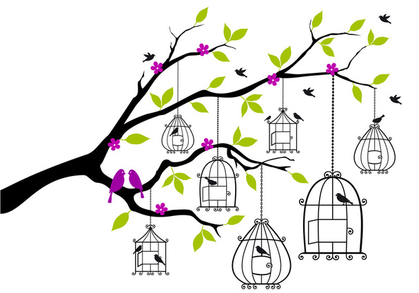 tree with open birdcages, vector - Vector, Image