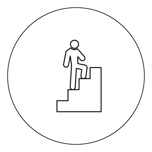 Un hombre subir escaleras icono de color negro en círculo vector ilustración contorno aislado
 - Vector, Imagen