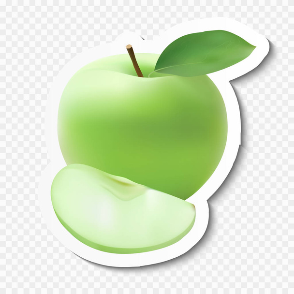 Реалістичне зелене яблуко зі скибочками та листям. Яблуко на папері з тіні. Векторні eps10
 - Вектор, зображення