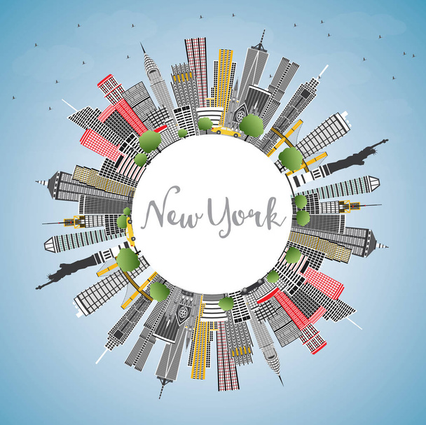 New York USA City Skyline with Gray Skyscrapers, Blue Sky and Copy Space. Vector Illustration. Business Travel and Tourism Concept with Modern Architecture. New York Cityscape with Landmarks. - Διάνυσμα, εικόνα