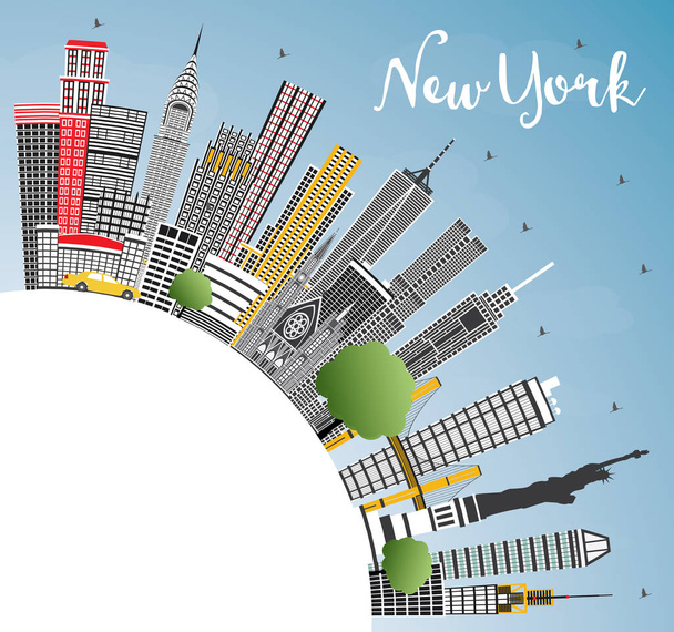 Νέα Υόρκη ΗΠΑ ορίζοντα της πόλης με γκρι ουρανοξύστες, μπλε του ουρανού και αντίγραφο χώρου. Εικονογράφηση διάνυσμα. Επαγγελματικά ταξίδια και τουρισμό έννοια με τη σύγχρονη αρχιτεκτονική. Νέα Υόρκη Σίτισκεϊπ με σημεία ενδιαφέροντος. - Διάνυσμα, εικόνα