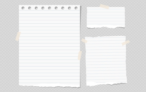 Branco alinhado nota rasgada, peças de papel notebook para texto preso no fundo quadrado cinza. Ilustração vetorial
. - Vetor, Imagem