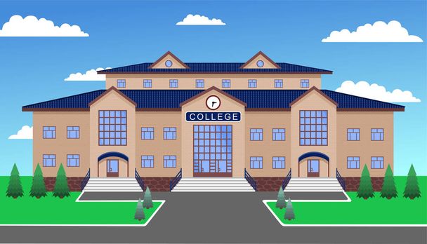 College, a classic brick two-storey building of beige brick and with a blue tiled roof, with three entrances and a clock in the center, against the blue sky, with lawn, paths, firs - Vector, Image