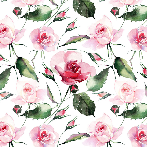 Tender gentle sophisticated wonderful lovely cute spring floral herbal botanical red powdery pink violet roses with green leaves pattern watercolor hand sketch. Perfect for textile - Foto, Imagen