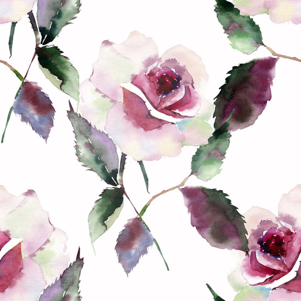 Tender gentle sophisticated wonderful lovely cute spring floral herbal botanical red powdery pink violet roses with green leaves pattern watercolor hand sketch. Perfect for textile - Zdjęcie, obraz