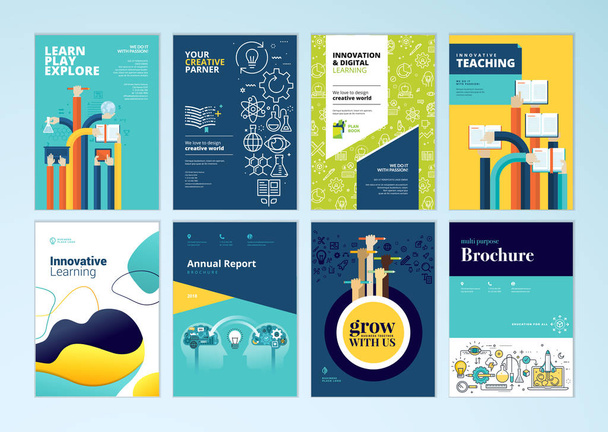 Set of brochure design templates on the subject of education, school, online learning. Vector illustrations for flyer layout, marketing material, annual report cover, presentation template. - Vector, Image