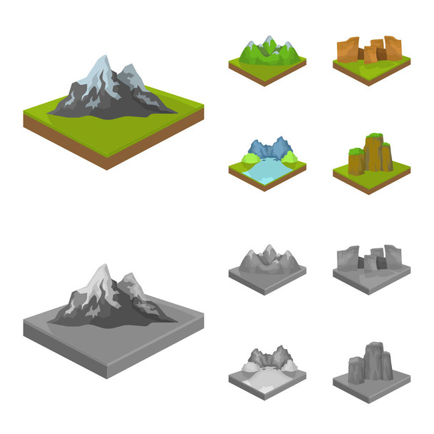 Mountains, rocks and landscape. Relief and mountains set collection icons in cartoon,monochrome style isometric vector symbol stock illustration web. - Vector, Imagen