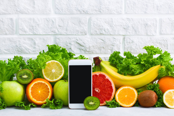 Zdrowe jedzenie owoców grejpfruta, cytryny kiwi apple banana tło dla urządzeń przenośnych - Zdjęcie, obraz