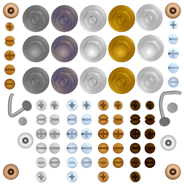 Conjunto de parafuso de ilustração vetorial e cabeças de parafuso
 - Vetor, Imagem
