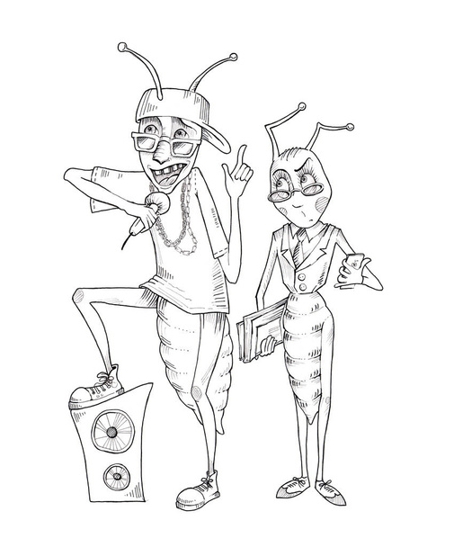 Ant a kobylka. Ručně kreslené ilustrace izolované na bílém. Černá a bílá kresba - Fotografie, Obrázek