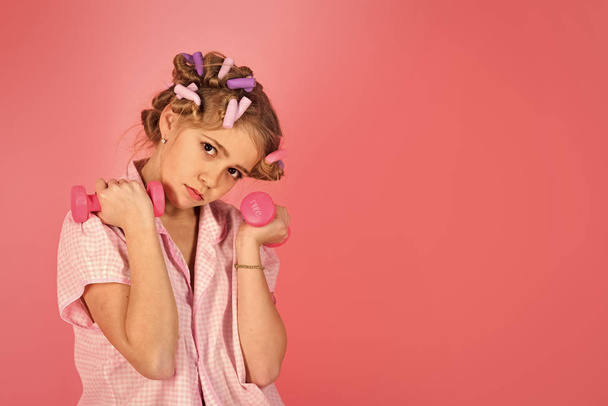 Little girl with barbells, fitness - Zdjęcie, obraz