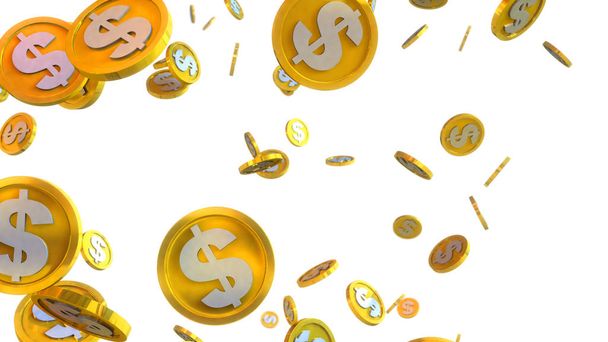 3D illustration of dollar coins falling on a white background - Φωτογραφία, εικόνα