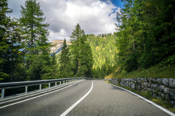 Beautiful mountain road with trees, forest and mountains in the backgrounds. Taken at state highway road of Dolomites mountain in Italy. - Photo, Image