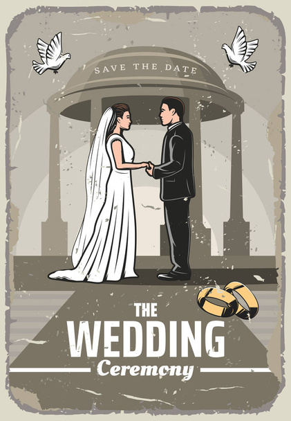 Πάρτι-Πρόσκληση κάρτα ρετρό με νύφη και το γαμπρό - Διάνυσμα, εικόνα