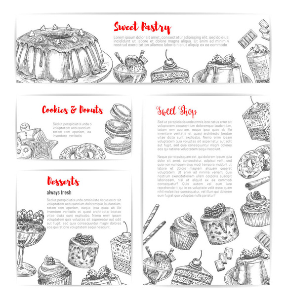 Cake and pastry shop sketch banner template set - Vector, Image