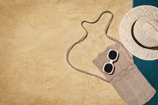Top view towel on sandy beach. Background with copy space - 写真・画像