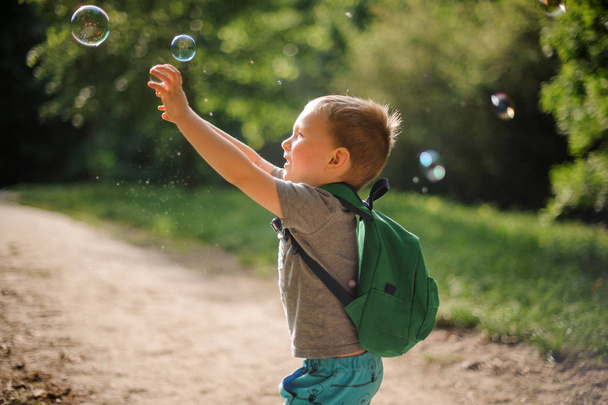 Little boy playing with soap bubbles in a green summer park on the sunny day - 写真・画像
