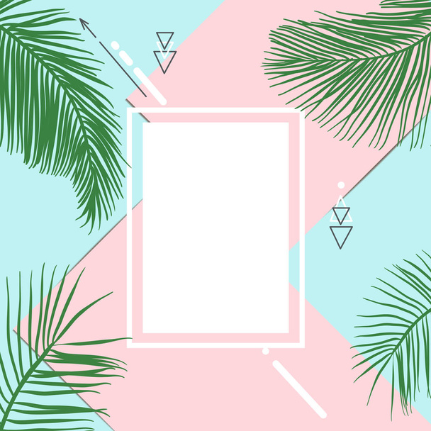 Зеленый летний тропический дизайн с экзотическими пальмовыми листьями. Цветочный вектор на розовом и синем фоне
. - Вектор,изображение