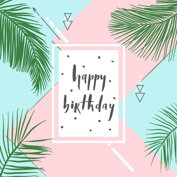 Joyeux anniversaire design tropical d'été avec des feuilles de palmier exotiques. Vecteur floral sur fond rose et bleu
. - Vecteur, image