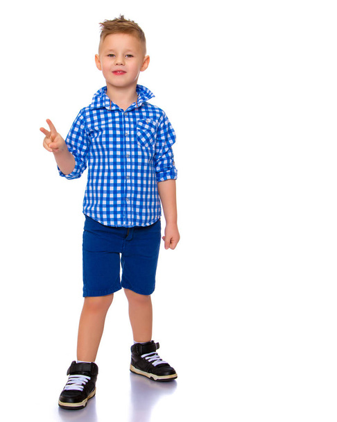 A cute little boy in a shirt and shorts. - Foto, imagen