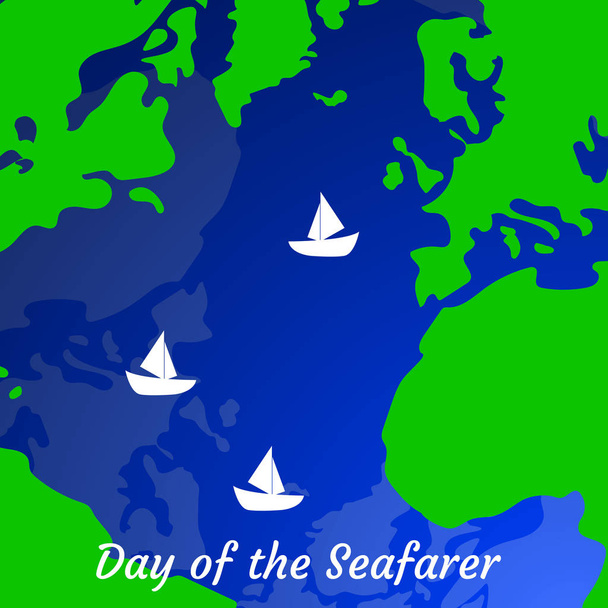 Dag van de zeevarende. 25 juni. Concept van vakantie. Contouren van de continenten en de zee en schepen - Vector, afbeelding