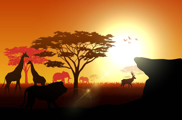 Illustration of silhouette animals on savannas in the afternoon  - Vector, Image
