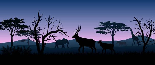 Ilustración de animales de silueta en sabanas en la noche
 - Vector, Imagen